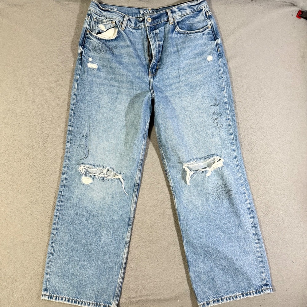 Vintage Arizona Jean Wide Leg Jeans Distressed High Rise Floral Print Wide Leg